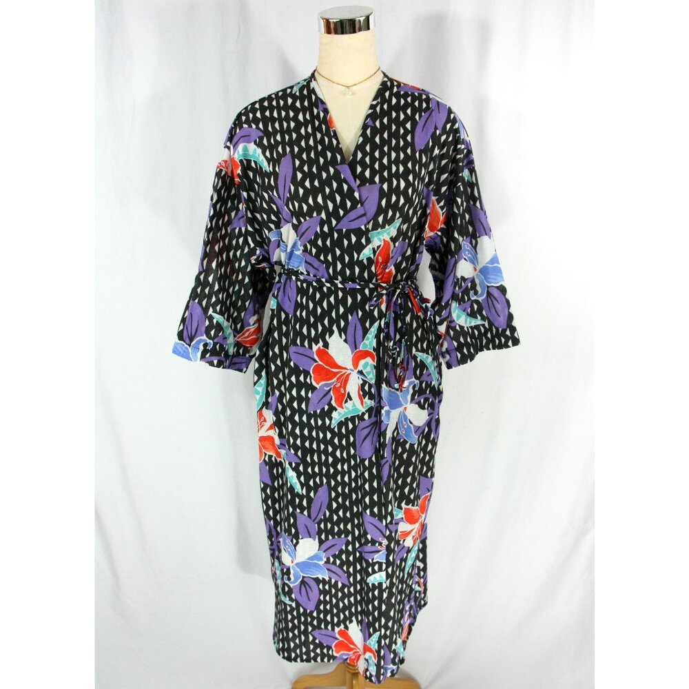 Vintage Keyloun Richard Sivley Floral Lillies Asian Kimono Robe Wrap M 1970s